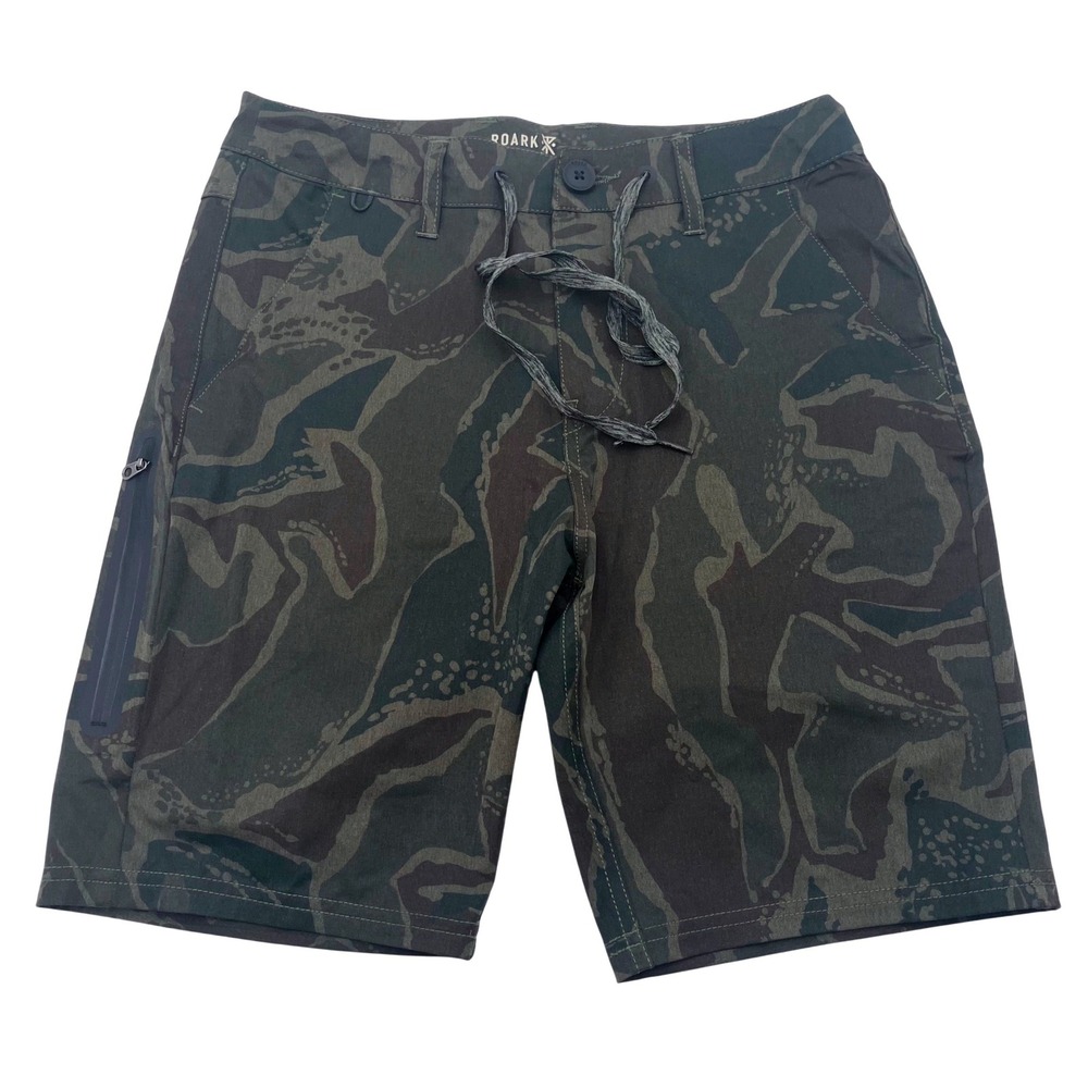 Roark Mens Hybrid Adventure Board Shorts Green Camo Drawstring Waist Size 28